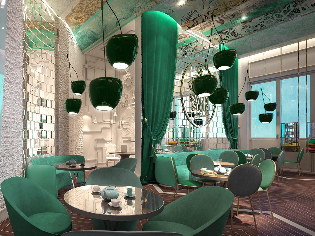 Επαγγελματικός χώρος εστίασης με φωτιστικά-κεράσια Adriani & Rossi και καθρέπτες.