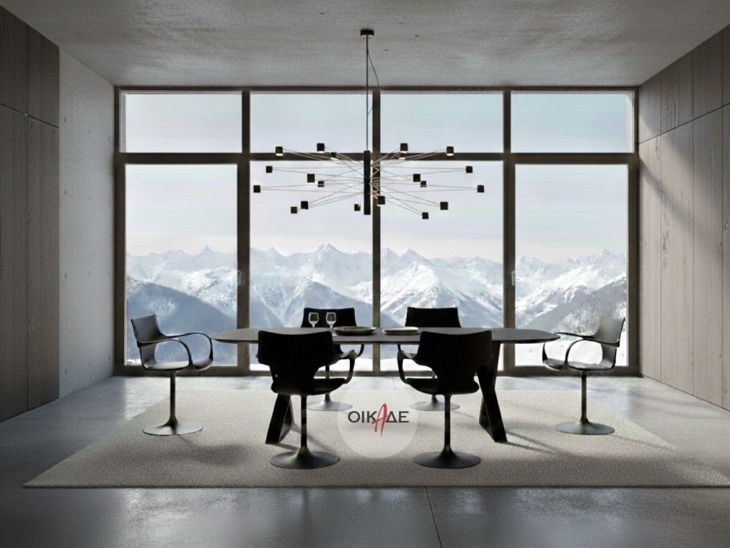 Πολυτελής τραπεζαρία ΟΙΚΑΔΕ με ξύλινο τραπέζι Alexopoulos, design καρέκλες Sovet από πολυπροπυλένιο και δέρμα, και μοντέρνο φωτιστικό KDLN σε μινιμαλιστικό χώρο.