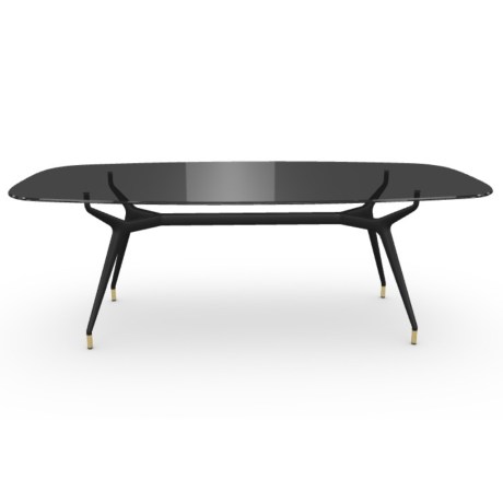 Render Arkos Shaped 01 οβάλ τραπέζι με φιμέ γυαλί και μαύρη βάση.