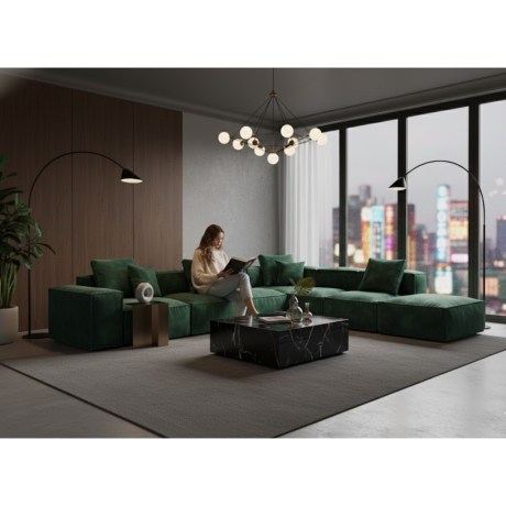 Γωνιακός Καναπές BOX, πράσινο ύφασμα, αρθρωτός, μαξιλάρια πούπουλο