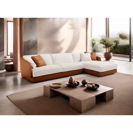 Πολυμορφικός γωνιακός καναπές Canto με ανάκλινδρο και δίχρωμη επένδυση σε λευκό και ταμπά.