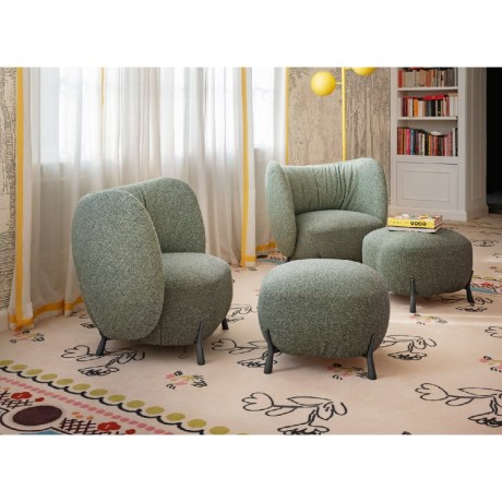 Σαλόνι με πράσινη πολυθρόνα MYS AP M TS της Midj και υποπόδιο, με καμπυλωτές γραμμέ