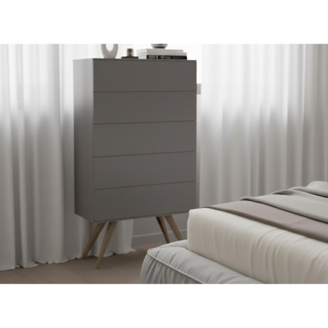 Ψηλή Συρταριέρα Seven, γκρι λάκα, 5 συρτάρια Push-Pull, μασίφ ξύλινα πόδια