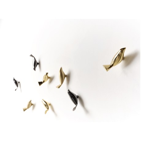 Set of 8 BIRD WATCH wall coat hangers, cast brass birds (gold & black nickel).