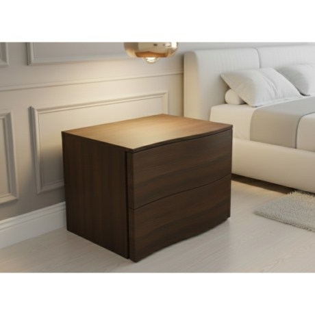 Κομοδίνο Spot σε σκούρο ξύλινο φινίρισμα με καμπυλωτά συρτάρια.