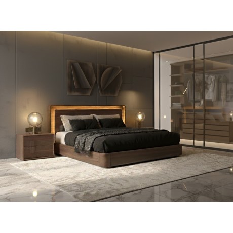 Κρεβατοκάμαρα Double, καρυδιά, κρεβάτι με LED | Κομοδίνα Double, πολυτελές δωμάτιο, γυάλινη ντουλάπα