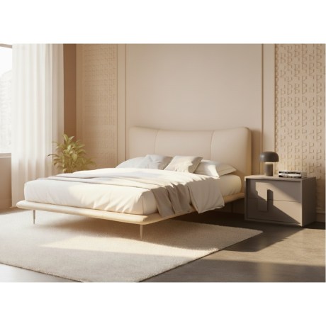 Minimal κομοδίνο Double | Γκρι λάκα, 2 συρτάρια | Μοντέρνο δερμάτινο κρεβάτι