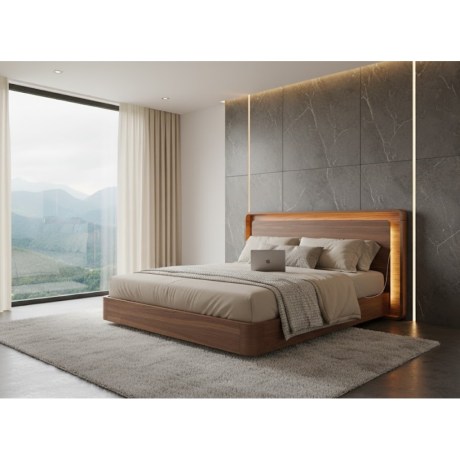 Ξύλινο κρεβάτι Double, καρυδιά, LED φωτισμός | Θύρα USB, κρεβατοκάμαρα με θέα