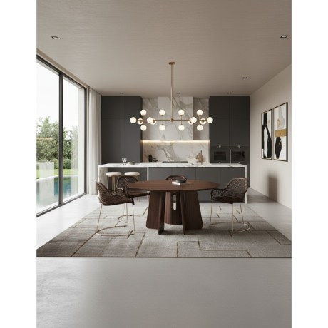 REVERSE CIRCLE wooden table in walnut, modern dining area with Guapa chairs.