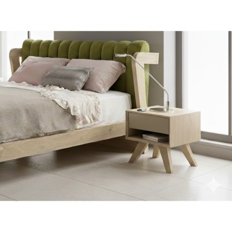 Κομοδίνο HUG, λευκή λάκα, μασίφ ξύλινα πόδια, 1 συρτάρι push-pull, ανοιχτό ράφι