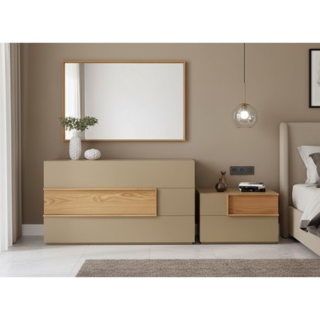 Συρταριέρα και Κομοδίνο Solid, λάκα και καπλαμάς δρυς, κρεβατοκάμαρα