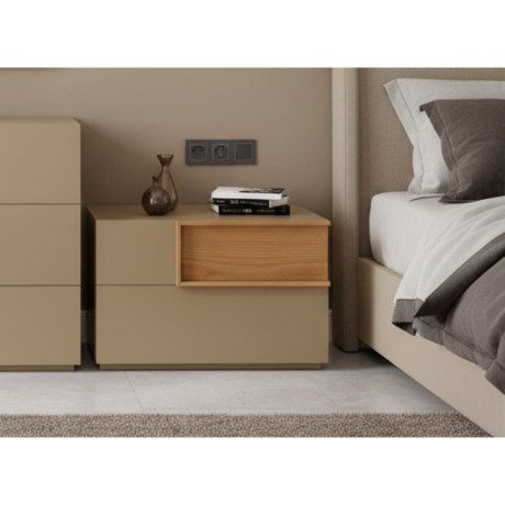 Close-up Κομοδίνο Solid, 2 συρτάρια, λάκα μπεζ, μασίφ ξύλο λεπτομέρεια