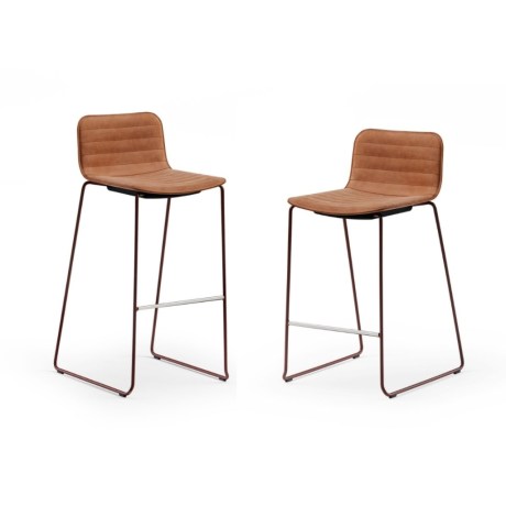 Pair of hide leather Midj Cover.1 CU stools with a minimal metal sled frame in a deep brown finish