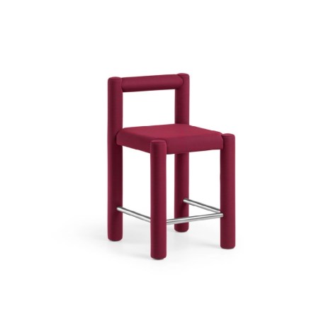 Side view of the Midj TU-BE stool in burgundy shade, highlighting the exposed aluminum and stainless steel horizontal bar acting as a footrest.