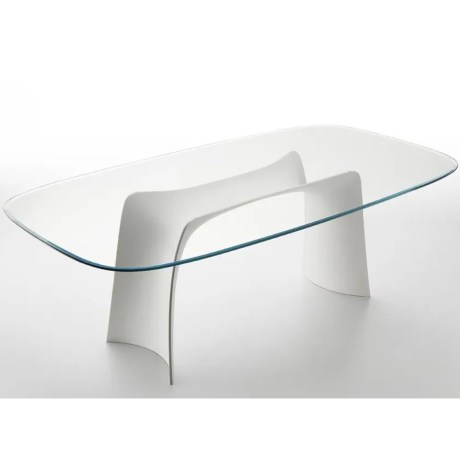 Τραπέζι Moonlight λευκό, διάφανη κρυστάλλινη επιφάνεια, οβάλ σχήμα.