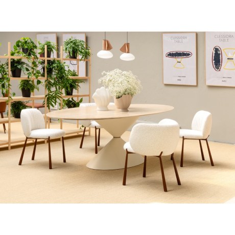 Mys Dining Chair in dining area combined with clessidra dining table with travertino marble top 