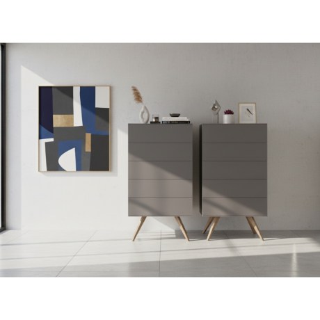 Δύο Ψηλές Συρταριέρες Seven, γκρι λάκα, 5 συρτάρια, μασίφ πόδια, εξοικονόμηση χώρου