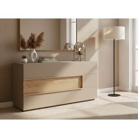 Συρταριέρα Solid, 3 συρτάρια, λάκα μπεζ, μασίφ ξύλο λεπτομέρεια, μοντέρνο design