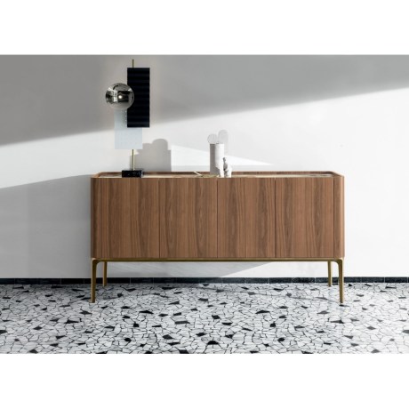 Modern buffet Slim by Sovet Italia, featuring walnut wood and golden feet, showcased on a luxurious black and white floor